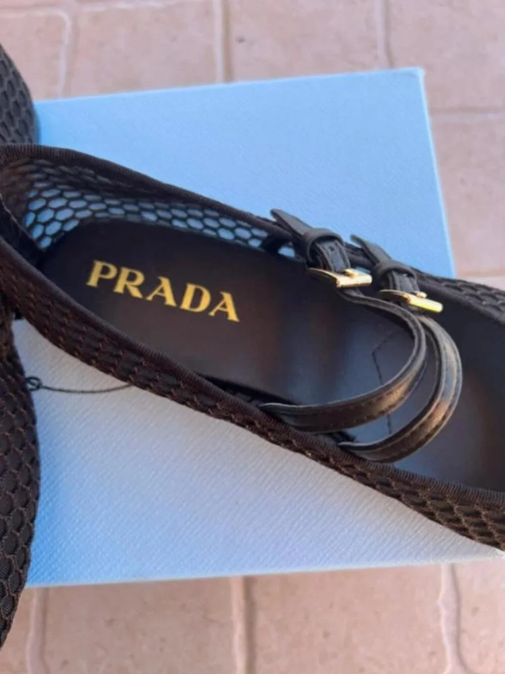 Prada Mesh Mary Jane Flats with Triangle Logo - Black - Size 39